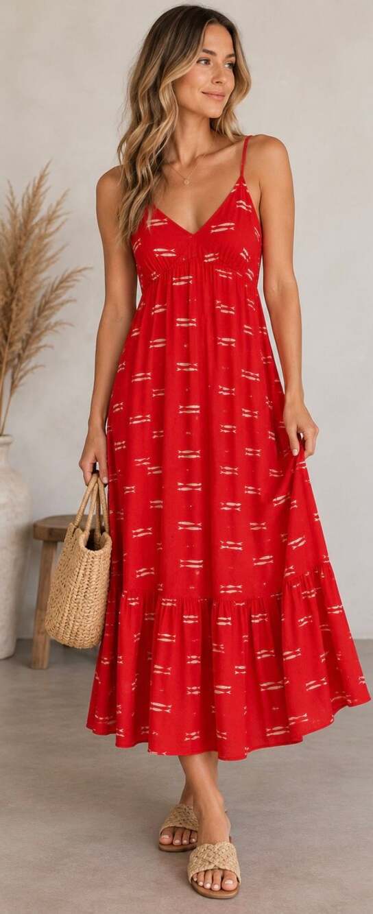 A New Day Fish Print Maxi Dress Size M Red White V-Neck Ruffle